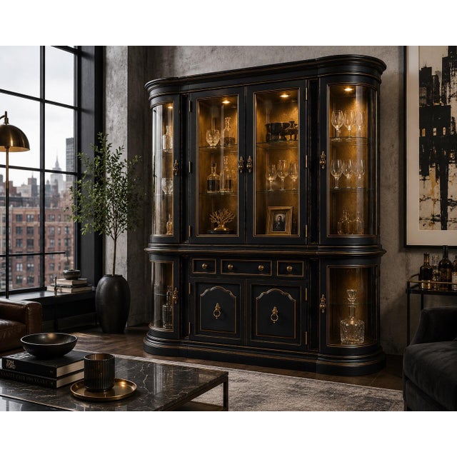A dramatic architectural display hutch reimagined in a deep matte black lacquer finish with warm antique gold interior...