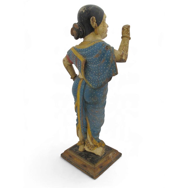 Indian Hindu Female Attendant Abhaya Mudra Carved Wood Folk Art Statue For Sale - Image 4 of 12