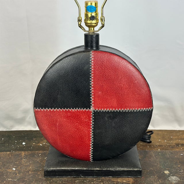 Vintage Black & Red Stitched Leather Table Lamp 17.5” tall to top of bulb socket