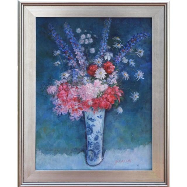 Vintage Impressionist Chinoiserie Floral Still Life Oil Painting For Sale - Image 9 of 9