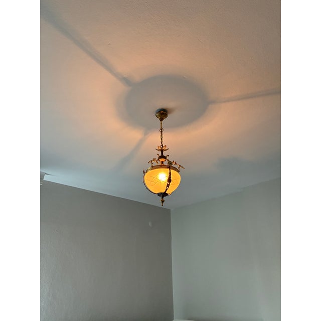 Glass 1960s French Brass & Etched Glass Bowl Pendant Light - Restored For Sale - Image 7 of 18