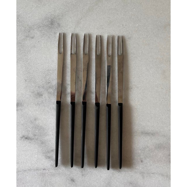 6 piece boxed set of mid century vintage stainless steel fondue forks made in Japan. Classic design. Fork measures .5" x 10"