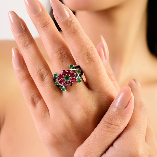 Modern Floral Design Ruby Emerald & Blue Sapphire Cocktail Ring in 925 Silver- Size 7.5 For Sale - Image 4 of 11