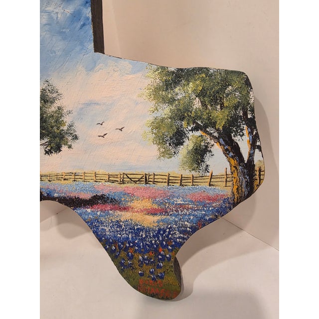 Great looking vintage small painting on a Texas shaped wood board by Texas Artist Doris Pfullmann Reimers of Seguin...