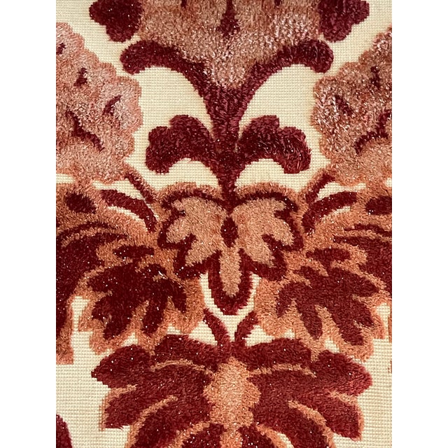 1960s Vintage Burgundy Red Cut Velvet Ottoman Pouff on Coasters For Sale - Image 5 of 5