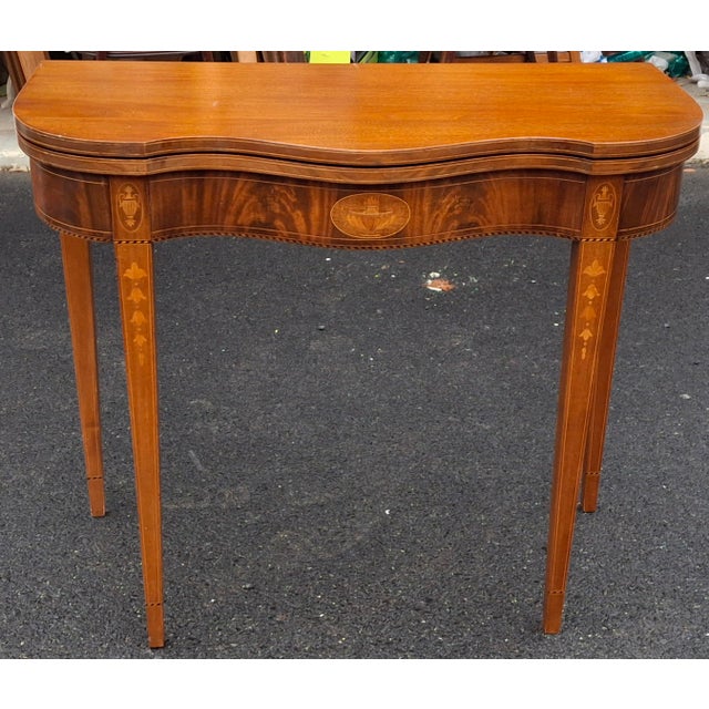 Wood Pair of 19th Century Federal Satinwood Inlaid Mahogany Fold Top Card or Console Tables For Sale - Image 7 of 15