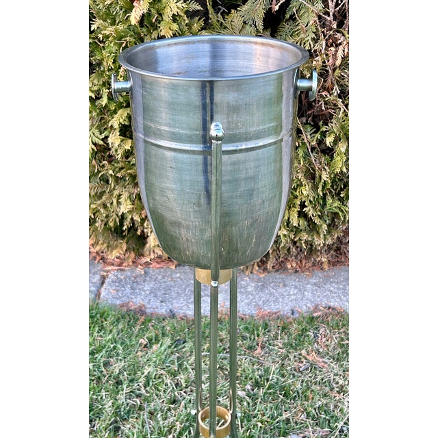 Art Deco Vtg. Polished Steel and Bronze Champagne Bucket With Stand For Sale - Image 3 of 11