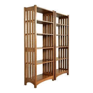 Stickley Mission Oak Arts & Crafts Slatted Tall Bookcases, Pair For Sale