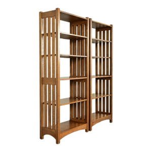 Stickley Mission Oak Arts & Crafts Slatted Tall Bookcases, Pair