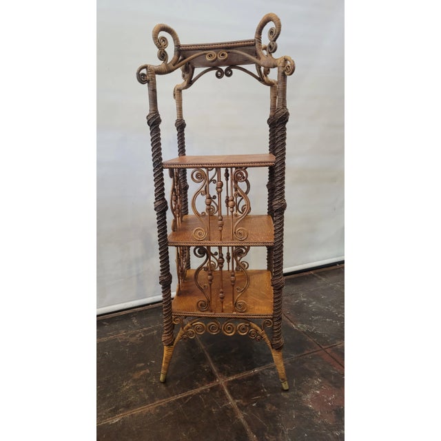Wood 1880s Victorian Wicker Bamboo Heywood Brothers Co. ( Heywood Wakefield) Etagere Nick Nack Table For Sale - Image 7 of 8