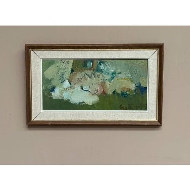 Original Mid Century Swedish Oil on Panel – “Composition in Green” by Ragnar Godin – Vintage & Framed – 30 × 49 cm (11.8"...
