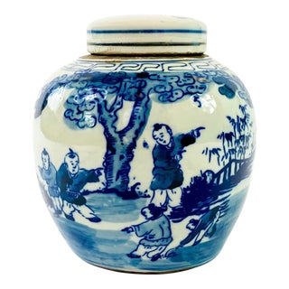 Chinoiserie Blue & White Squat Form Figural Ginger Jar For Sale