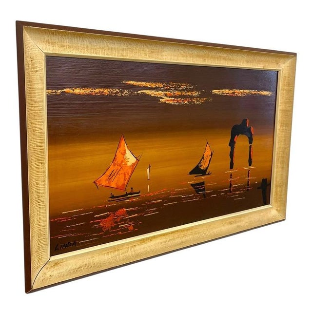 Coastal 1970s Framed Modern Coastal Sailboat Landscape Painting Signed "Linda" - Abstract Seascape Wall Art For Sale - Image 3 of 10