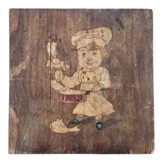 Vintage French Hand-Carved Baker Wall Plaque | Hand-Painted Walnut Wood Sign For Sale