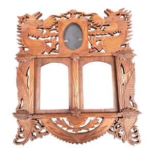 Antique Chinese Carved Wood Picture Frame With Dragons