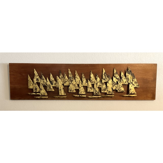 1960s Peter Pepper Brass Sailboats Wall Sculpture on Walnut Panel | Mid-Century Modern California Brutalist Art For Sale - Image 9 of 9