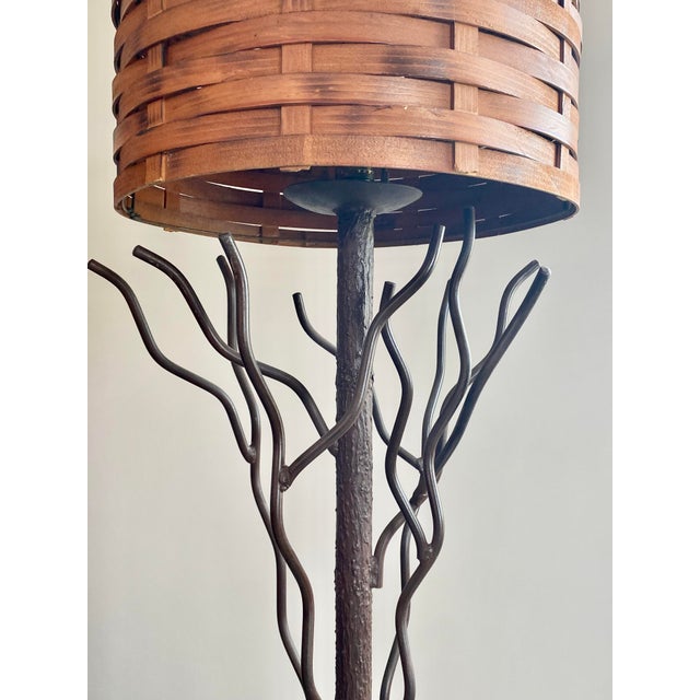 Tree-Like Welded Iron Floor Lamp With Woven Wood Shade For Sale - Image 10 of 17