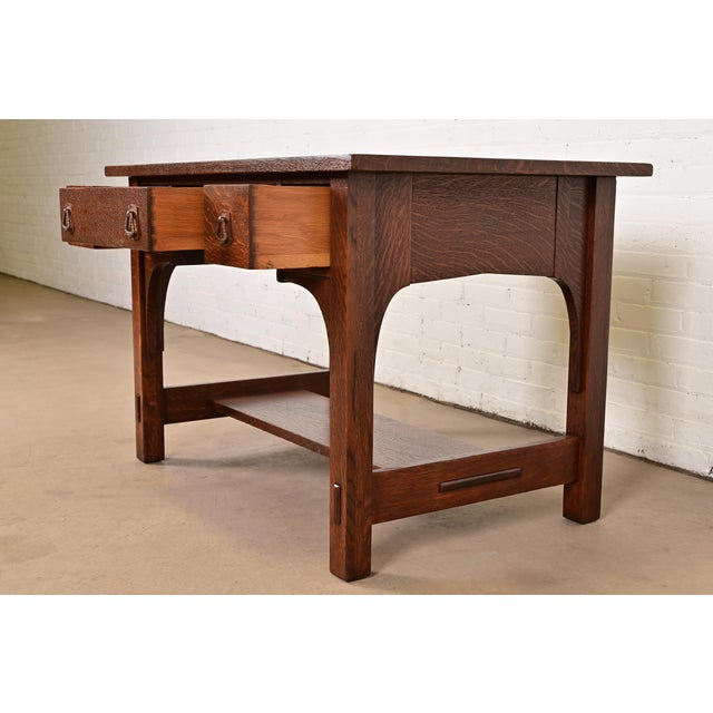 Early 20th Century Stickley Brothers Style Antique Mission Oak Arts & Crafts Writing Desk or Library Table, Newly Refinished For Sale - Image 9 of 12