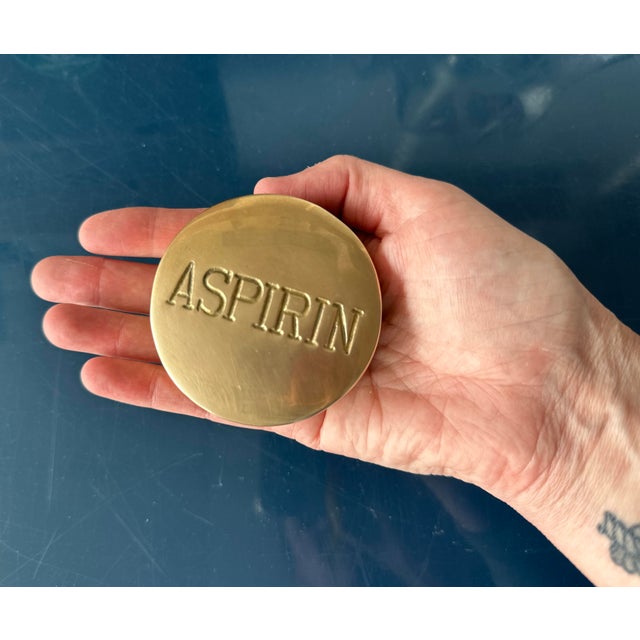 Cool Vintage Brass Pill Box with text "ASPIRIN" on top, ready to serve as intended or as a paperweight at 10oz in weight....