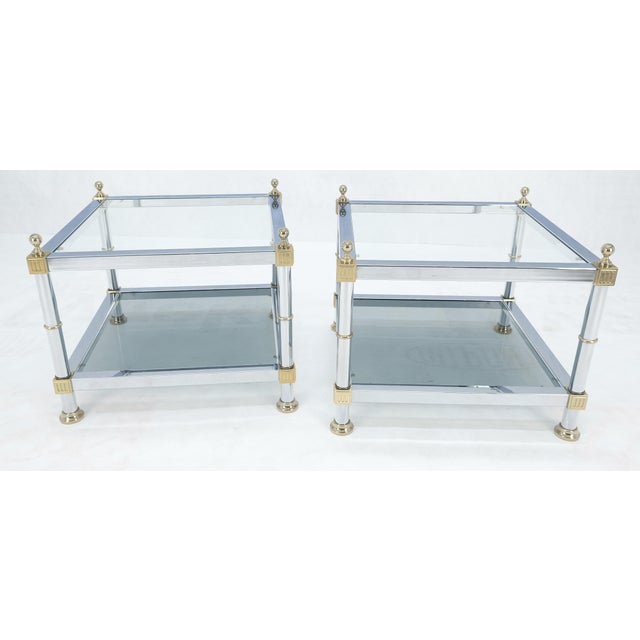 Brueton Pair of Square Chrome & Brass Smoked Glass Two Tier End Side Tables MINT! For Sale - Image 4 of 11