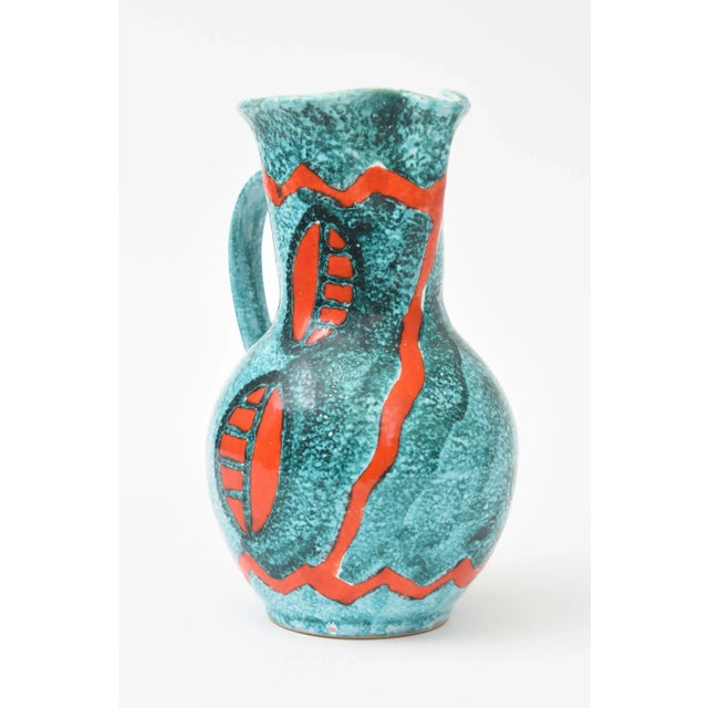 Mid-Century Modern Vintage Abstract Ceramic Pitcher With Handle Turquoise, Teal Turquoise, Orange, White, Italy For Sale - Image 3 of 9