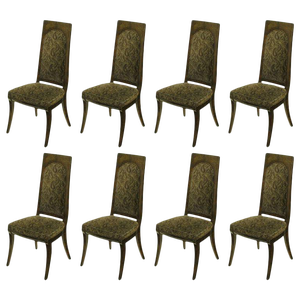 Set of Eight Mastercraft Attributed Amboyna Burl and Paisley Velvet Dining Chairs