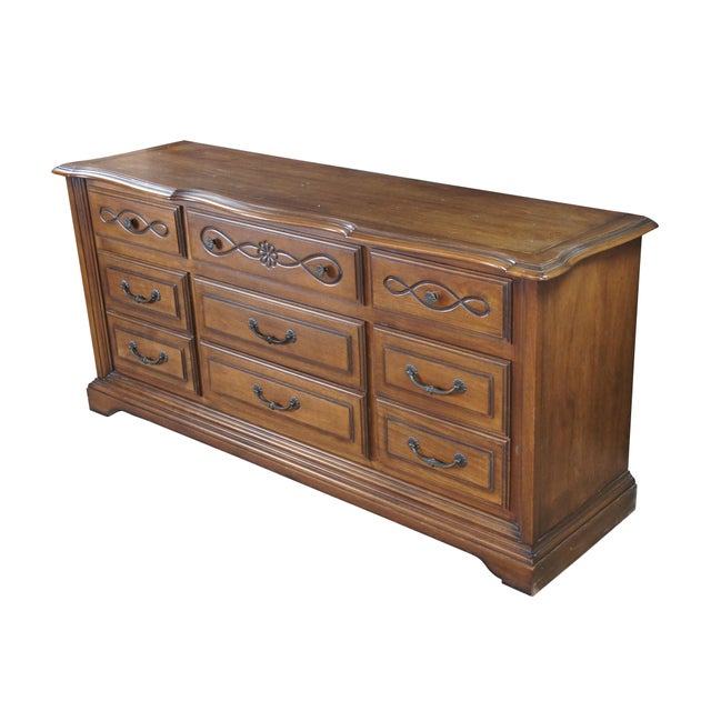 Late 20th Century French Country Triple Dresser by Century Furniture. Features a rectangular made from oak with serpentine...