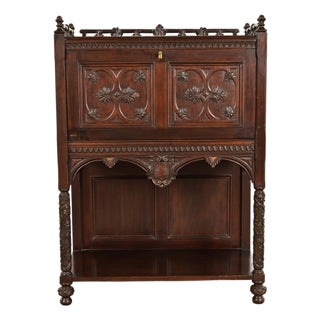Antique English Victorian or Gothic Revival Carved Walnut Drop Front Secretary Desk | Circa 1880s For Sale