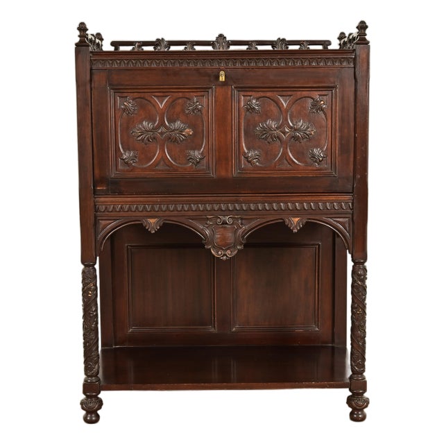 Antique English Victorian or Gothic Revival Carved Walnut Drop Front Secretary Desk | Circa 1880s For Sale