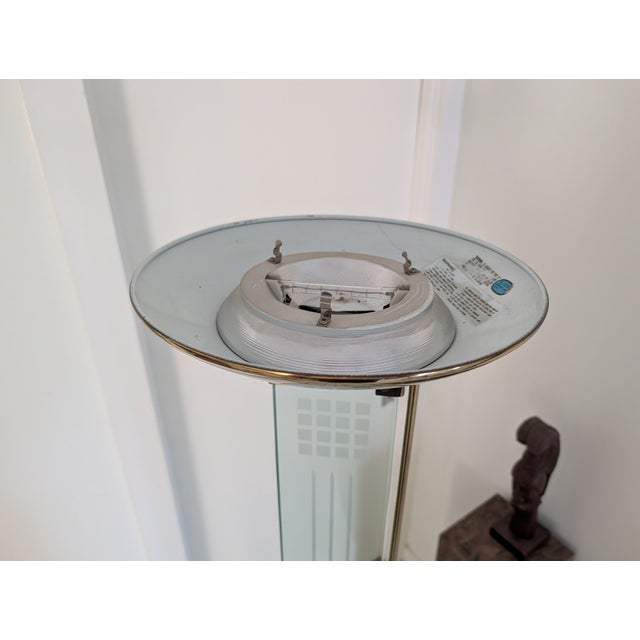 1980's Mid-Century Modern Glass & Brass Torchiere Floor Lamp For Sale - Image 4 of 11