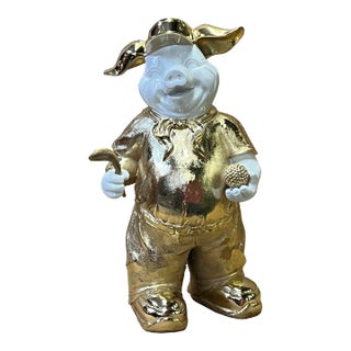 Gold White Piggy Golf Accent Fiber Glass Decor Figure For Sale