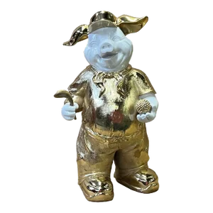 Gold White Piggy Golf Accent Fiber Glass Decor Figure
