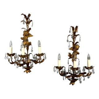 1950sFrench Marie Therese Style, Cherub Wall Sconces, Gilt-Brass, Crystal - a Pair For Sale