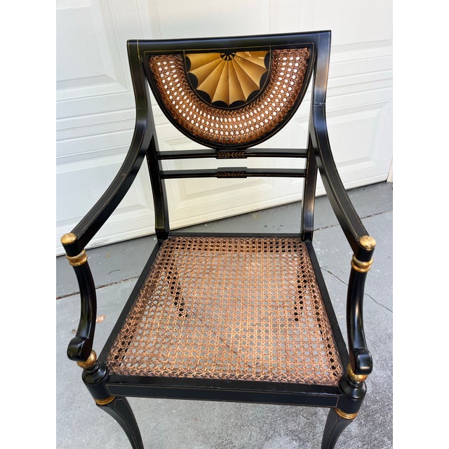 Black Vintage Regency Style Ebonized Armchair With Cane Seat For Sale - Image 8 of 11