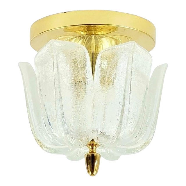 Mid-Century Modern Flower-Shaped Glass & Brass Flush Mount/Ceiling Light From Limburg, Germany, 1970s For Sale