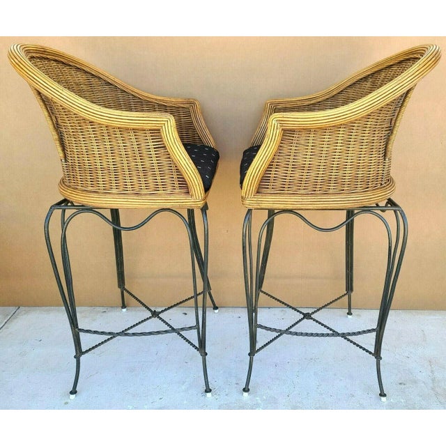 Mid-Century Modern Braxton Culler Wicker & Wrought Iron Swivel Barstools - a Pair For Sale - Image 3 of 10