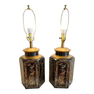 Vintage Gorgeous Mid Century Modern Chinoiserie Hexagonal Tea Caddy Table Lamps - Pair For Sale