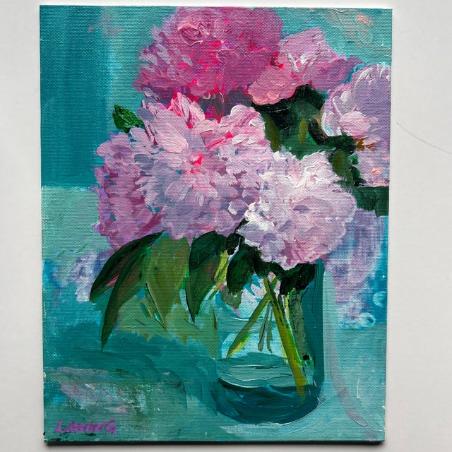 Beautiful spring peonies in a vintage Mason jar. One-of-a-kind original painting, expressive mixed media on 10x8-inch...