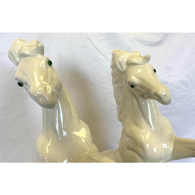 Mid Century Vintage Cast Ceramic Rearing White Mustangs With Glass Eyes- A Pair For Sale - Image 11 of 18