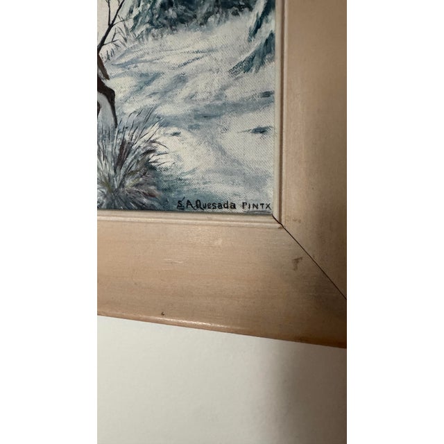 Mid 20th Century Mid 20th Century s.a. Quesada Signed Original Winter Landscape Oil Painting With Deer & Cabin For Sale - Image 5 of 5