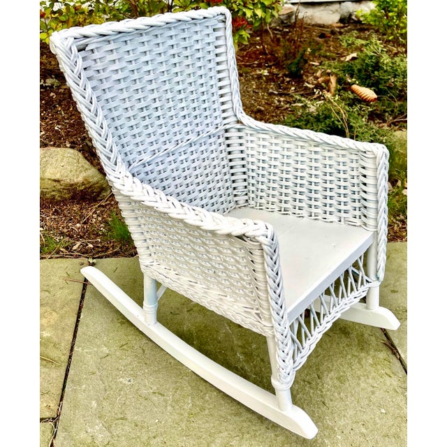 Vintage White Wicker Children's Rocking Chair With Nautical Cushion