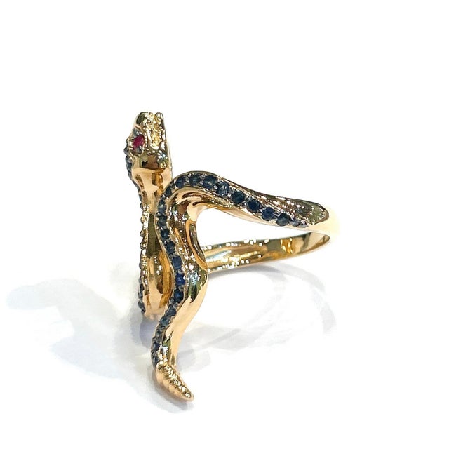 Bochic "Orient" Vintage Black Diamond & Ruby Serpent Ring In 18K Gold & Silver For Sale - Image 9 of 18