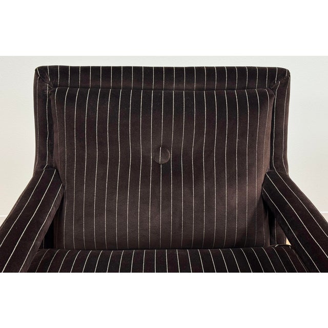 Wood Vintage Newly Upholstered Luxe Chocolate Brown Pinstripe Velvet Parsons Chairs, a Pair For Sale - Image 7 of 12