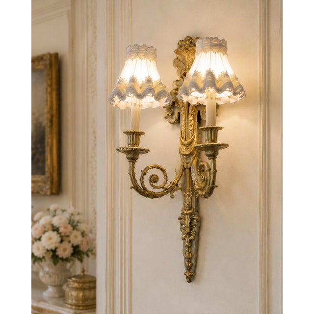 Bronze 1860 French Artisan Louis XVI Gold Bronze Silk Sconces-Pair For Sale - Image 8 of 17