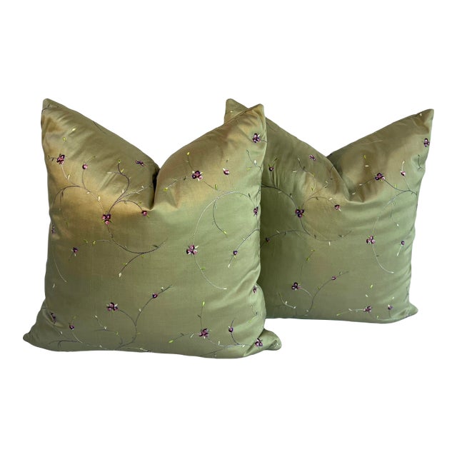 Early 21st Century Silk Green Pillows- a Pair For Sale
