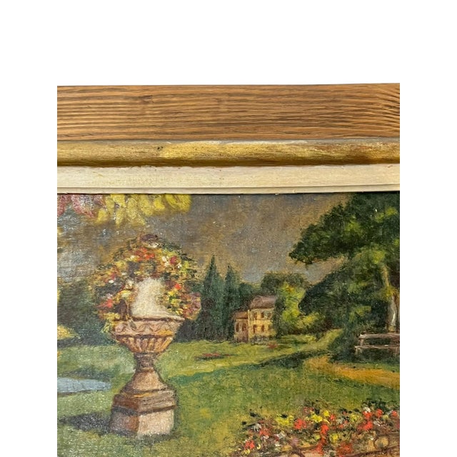 Antique French Chateau and Garden Landscape Painting Folk Art Frame Oil on Board For Sale - Image 12 of 15