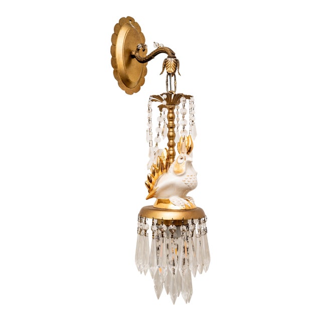 Mid 20th Century Monumental Pair of 25” Hollywood Regency Porcelain Rooster Crystal Sconces – Gilt Italianate Figural Wall Lights For Sale