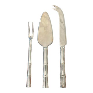 Vintage Hollywood Regency Faux Bamboo Silver Plate Charcuterie & Cheese Serving Set - 3 Pieces For Sale