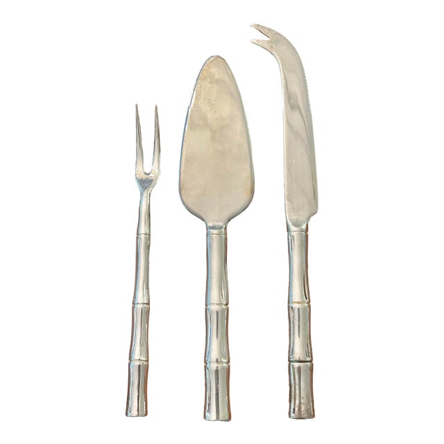 Vintage Hollywood Regency Faux Bamboo Silver Plate Charcuterie & Cheese Serving Set - 3 Pieces For Sale