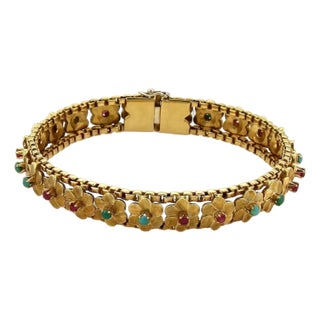 Mid 20th Century Multi-Gems 18k Yellow Gold Floral Link Bracelet For Sale